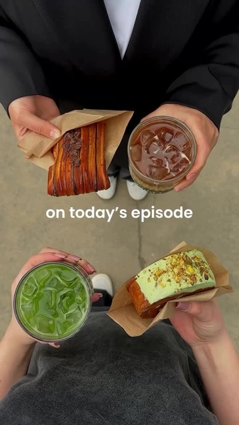 bakery pastry, iced coffee, matcha latte, croissant, cafe food, baked goods, brand awareness, social proof, ugc style, lifestyle, warm, calm, brown, green, neutral